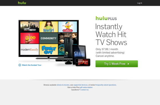 Page d'accueil de Hulu Plus en dehors des USA avec Getflix