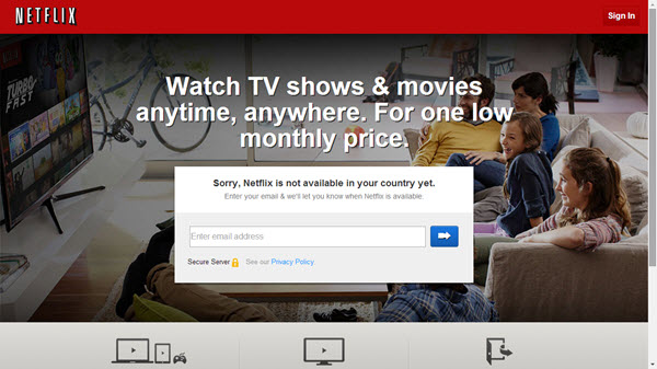 La page d'accueil de Netflix lorsqu'elle n'est pas disponible
